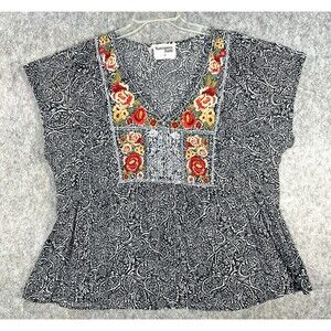 Savanna Jane Top Women's 2X Black Paisley Floral Embroidered Boho Artsy Plus